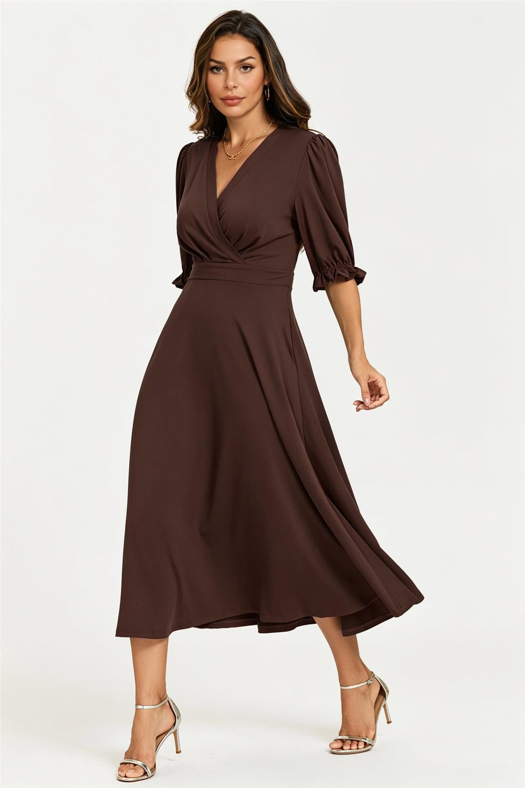 Half Sleeves Jersey Midi Dress with Wrap Neckline In Chocolate
