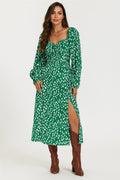 Brushstroke Print Long Sleeve Heart Neckline Midi Dress In Green