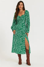 Brushstroke Print Long Sleeve Heart Neckline Midi Dress In Green