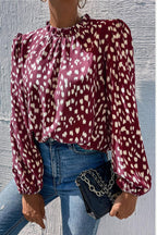 Animal Print Frill Detail High Neck Top In Wine