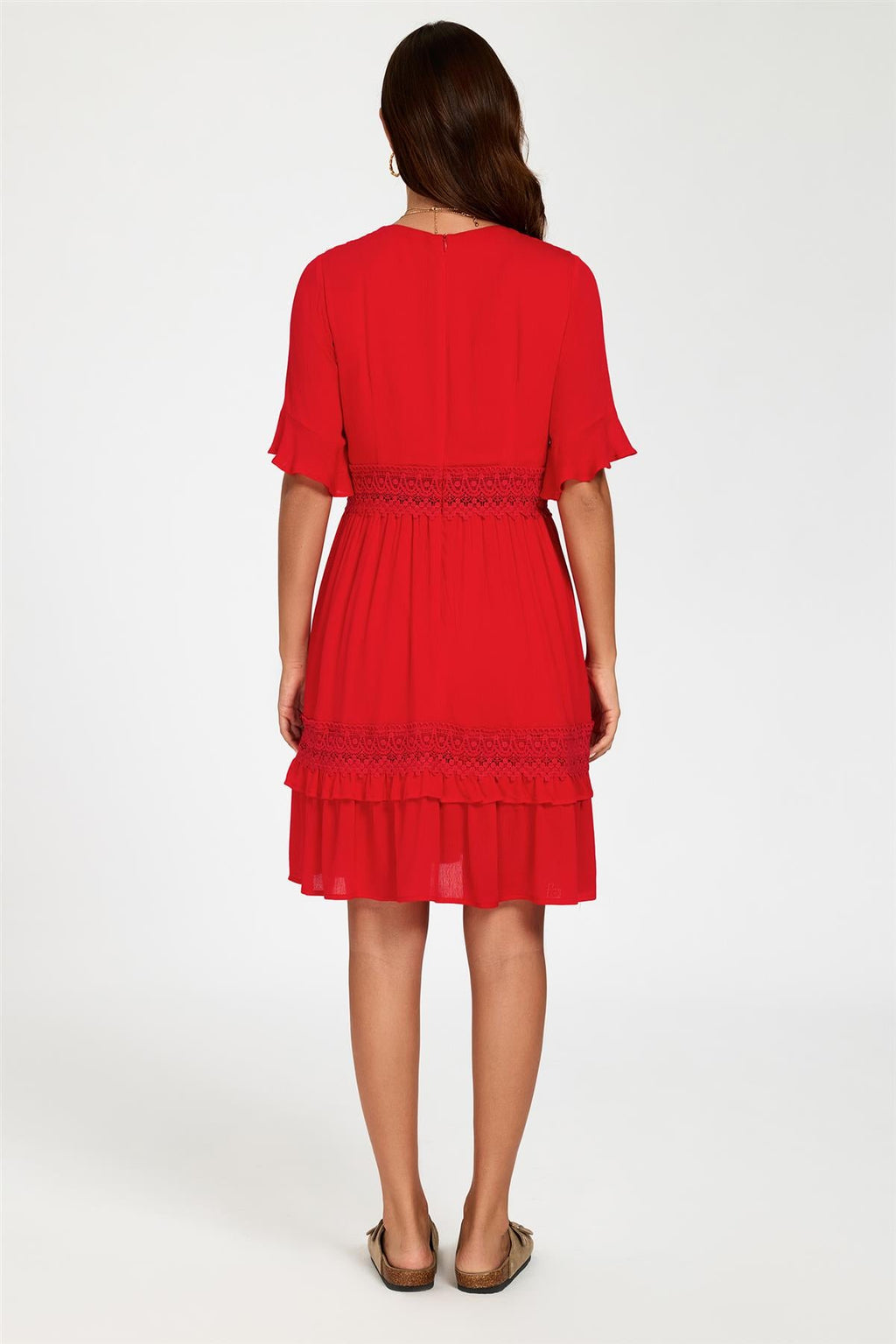 V Neck Lace Mini Dress In Red