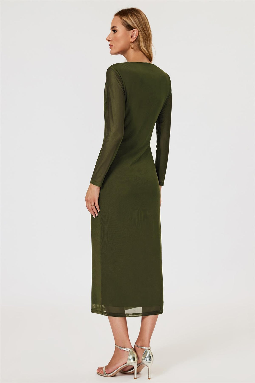 Long Sleeves Mesh Midi Dress In Olive