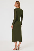 Long Sleeves Mesh Midi Dress In Olive