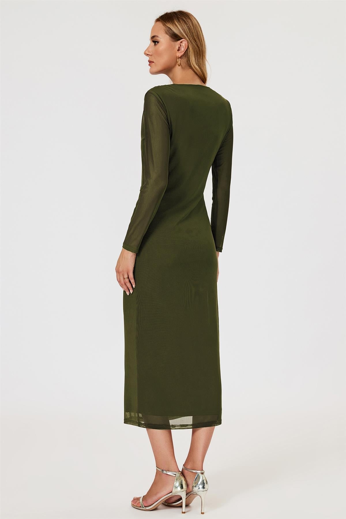 Long Sleeves Mesh Midi Dress In Olive