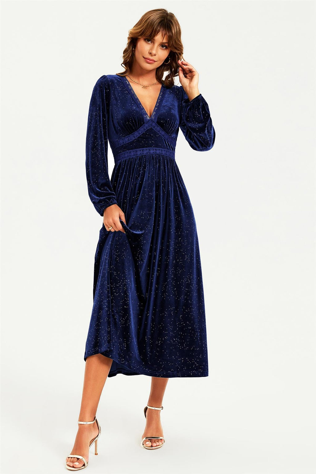 Silver Foil Velvet Lace Trim Neckline Midi Dress In Navy