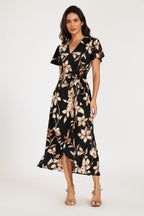 Black & Brown Floral Print Wrap Maxi Dress