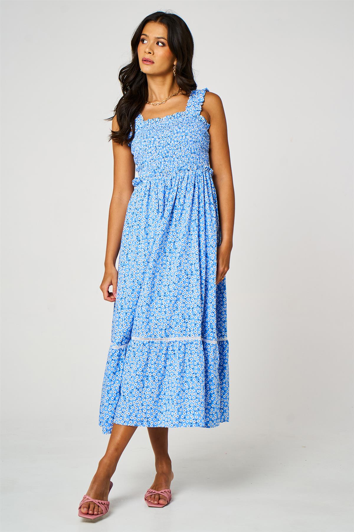 Little Floral Print Hem Detail Maxi Dress In Blue
