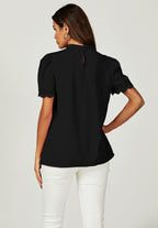 Lace Trim Detail Short Sleeve High Neck Blouse Top In Black