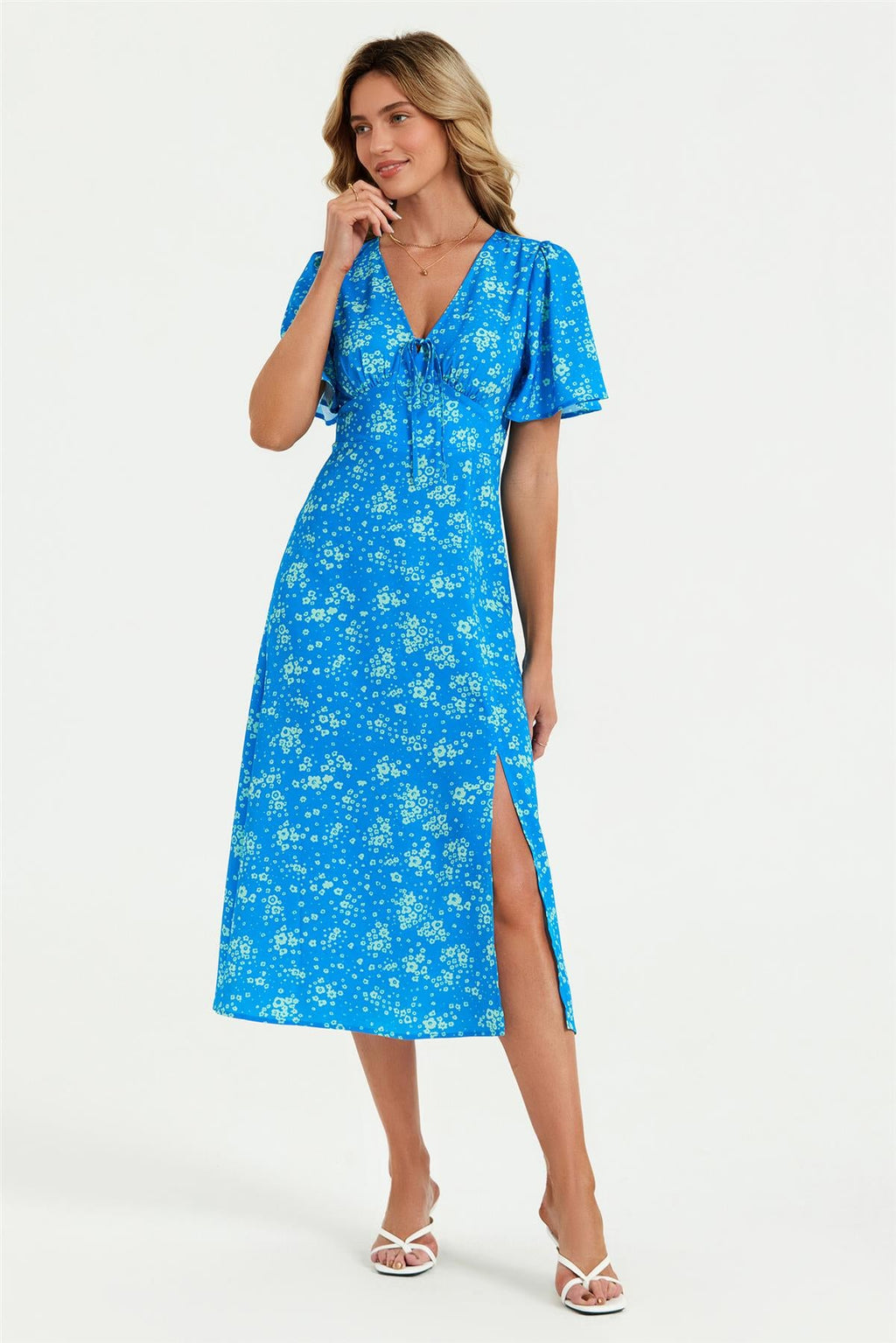 Green Floral Print Angel Sleeve Midi Dress In Blue