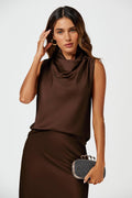 Satin High Neck Sleeveless Blouse In Brown