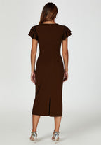 Volume Sleeve Bodycon Midi Dress In Espresso