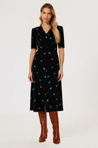 Blue Floral Print Button Front Midi Dress In Black