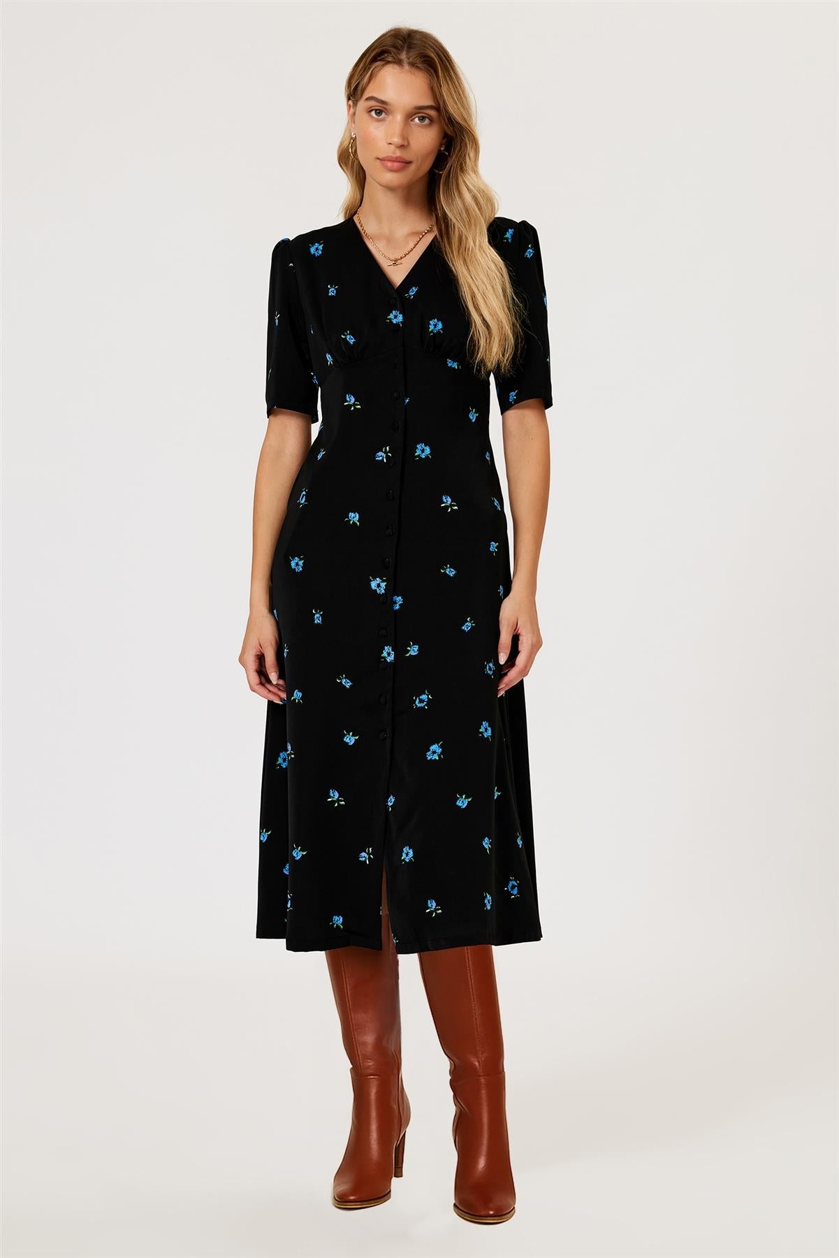 Blue Floral Print Button Front Midi Dress In Black