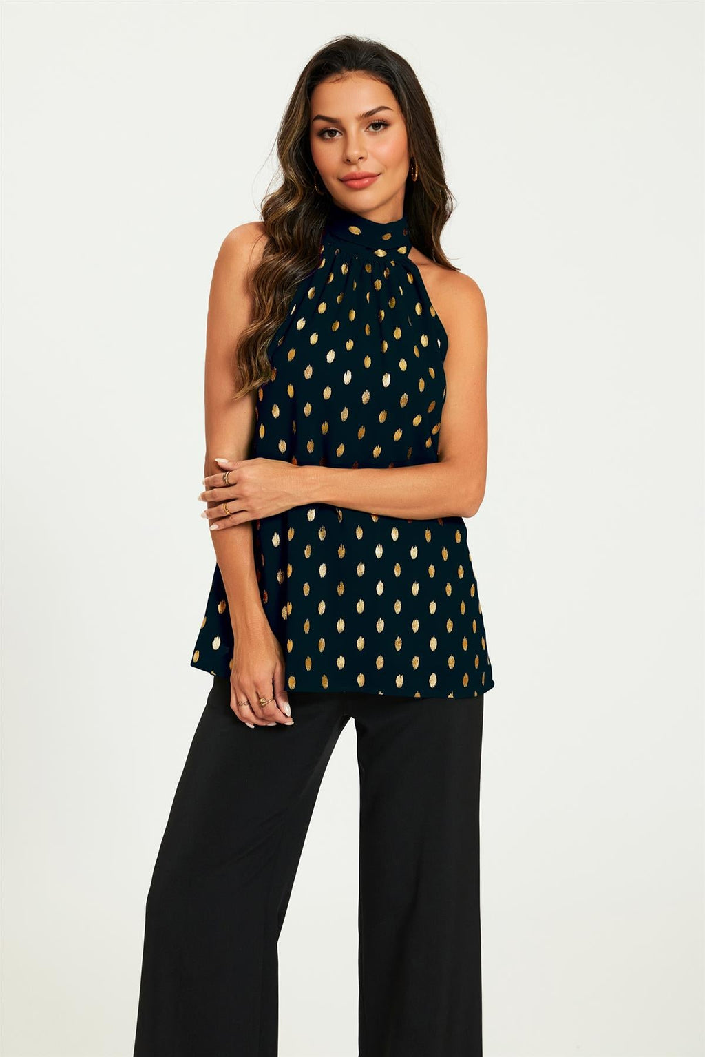 Gold Foil Halter Neck Tie Back Top In Black