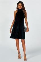 Silver Foil Velvet Halter Neck Tie Back Mini Dress In Green