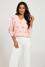 Embroidery Red Heart V Neck Jumper In Milk Pink