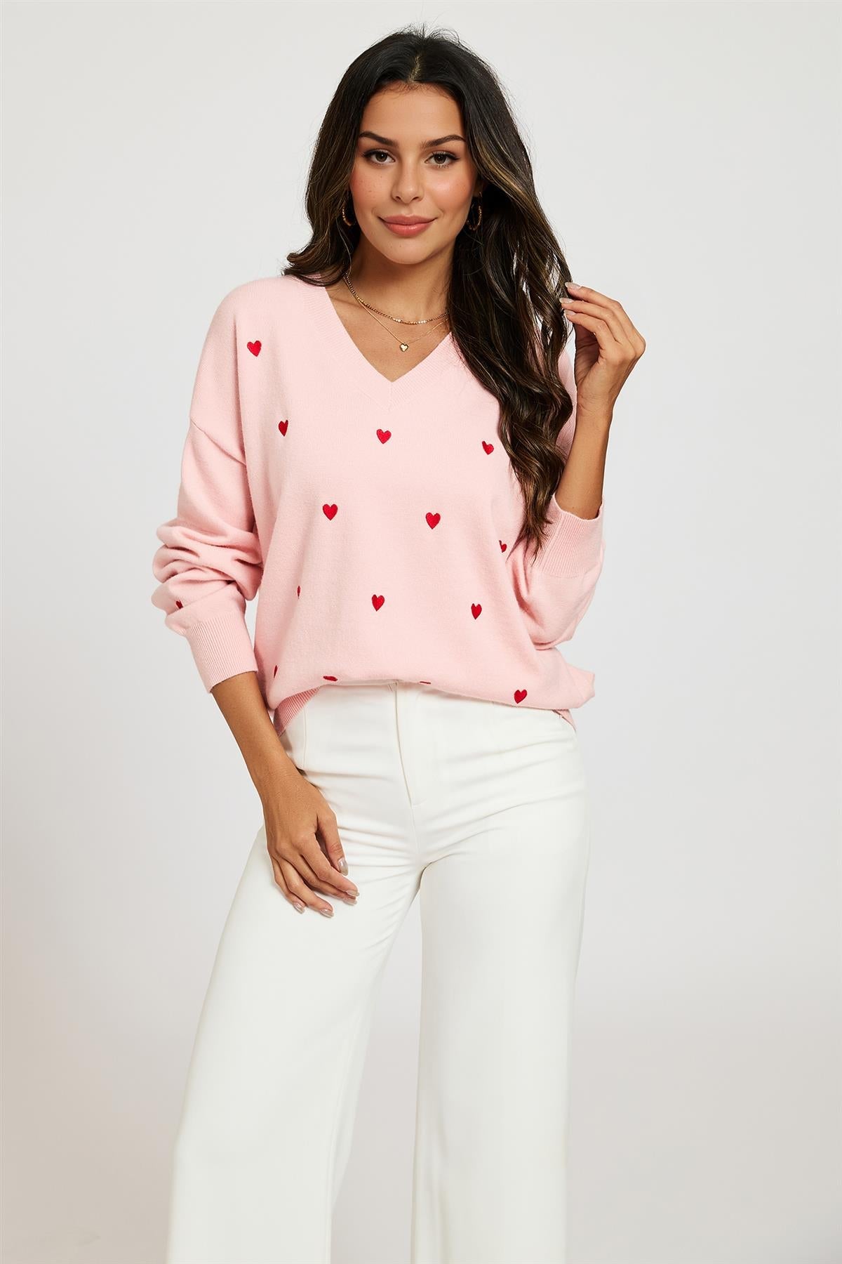 Embroidery Red Heart V Neck Jumper In Milk Pink