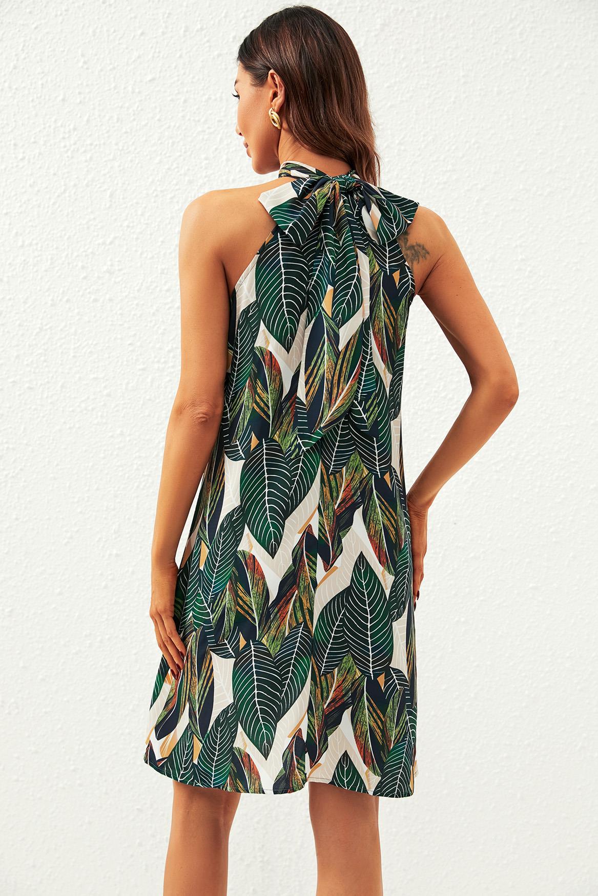 Mini-robe verte dos-nu à imprimé feuille et lien à nouer
