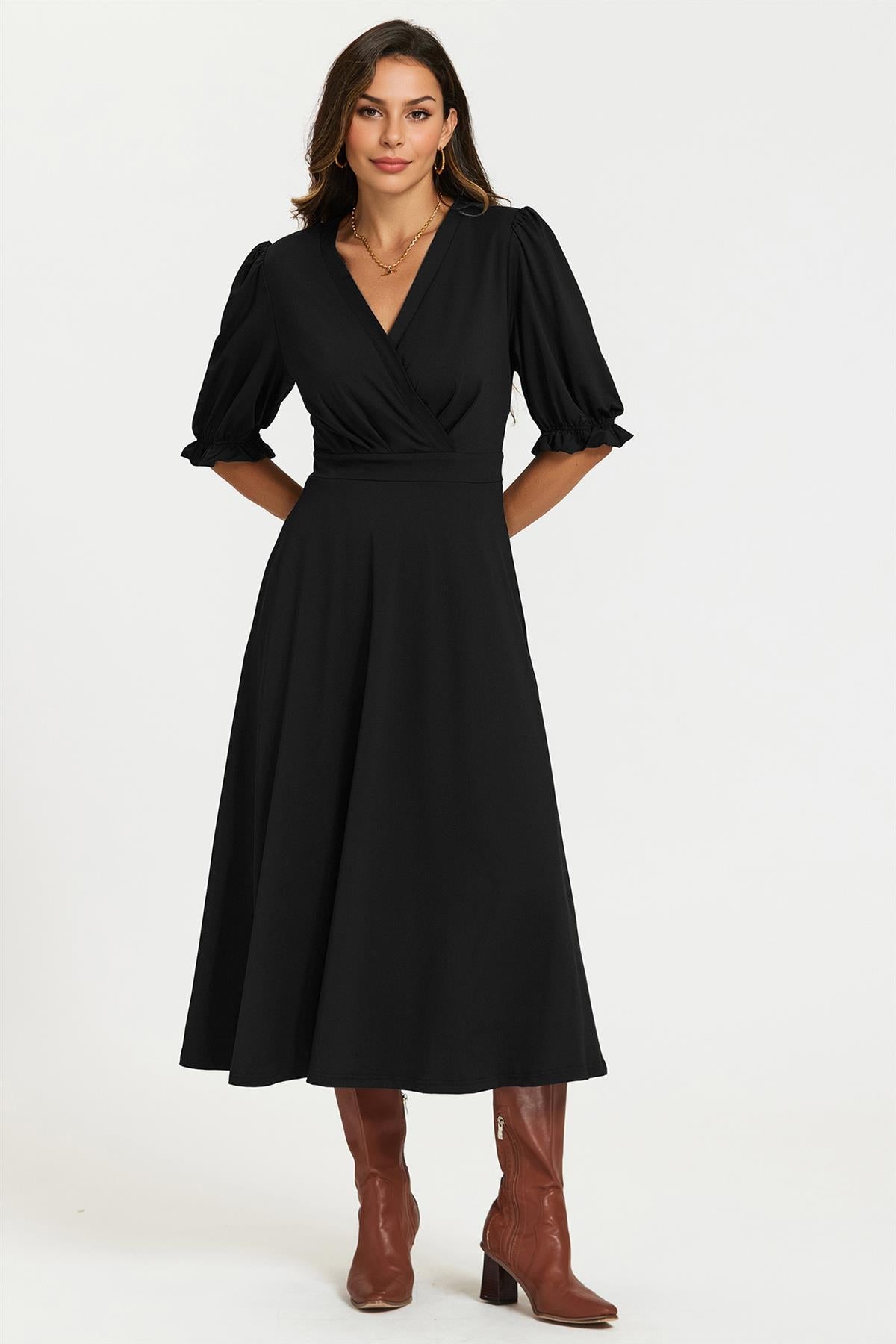 Half Sleeves Jersey Midi Dress with Wrap Neckline In Black