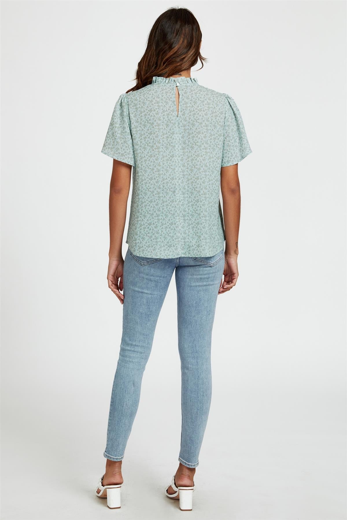 Grey Little Floral Print Angle Sleeve High Neck Top/Blouse In Blue