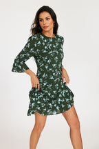 Floral Print Frill Detail Mini Dress In Green
