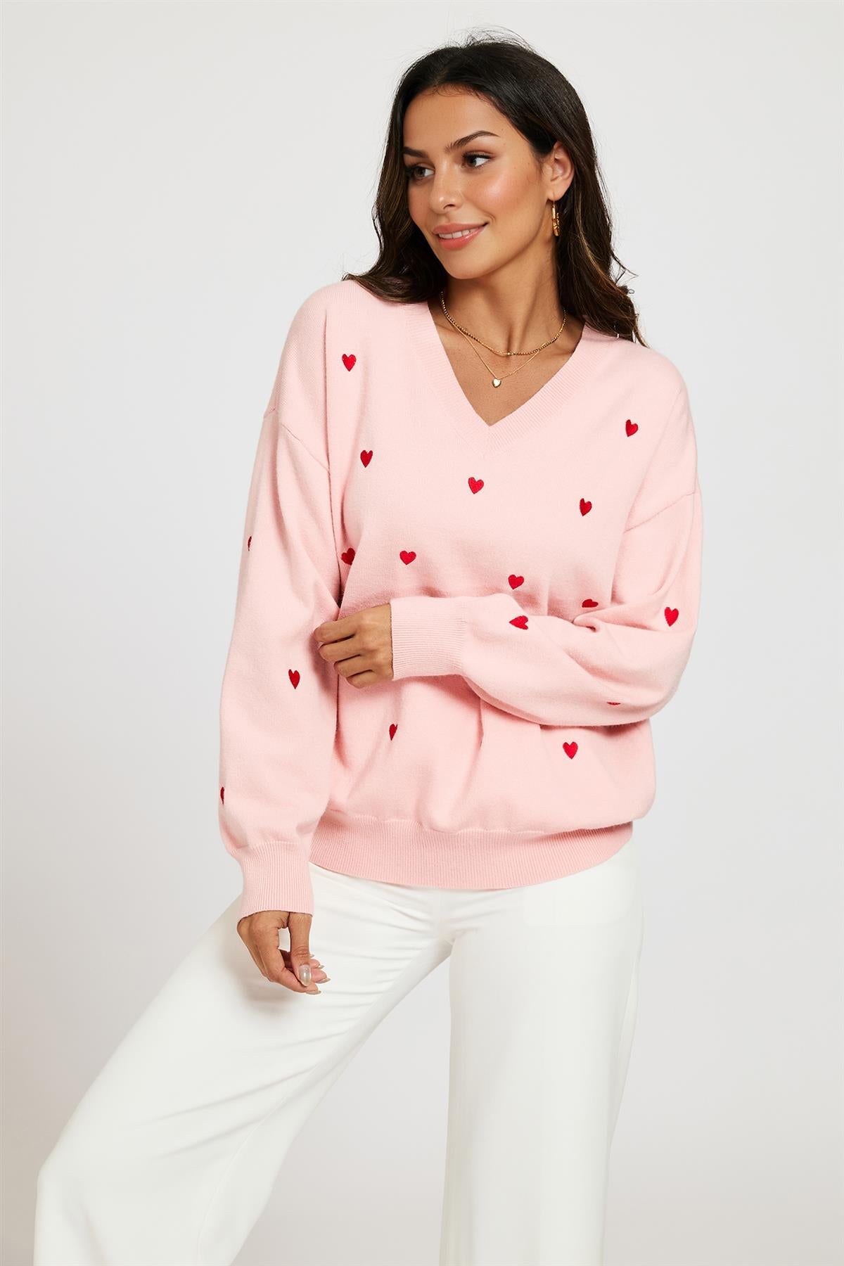Embroidery Red Heart V Neck Jumper In Milk Pink