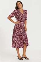 Brushstroke Print Button Front Midi Dress In Burgundy