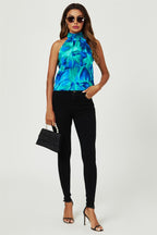 Abstract Floral Print Halter Neck Tie Back Top In Blue