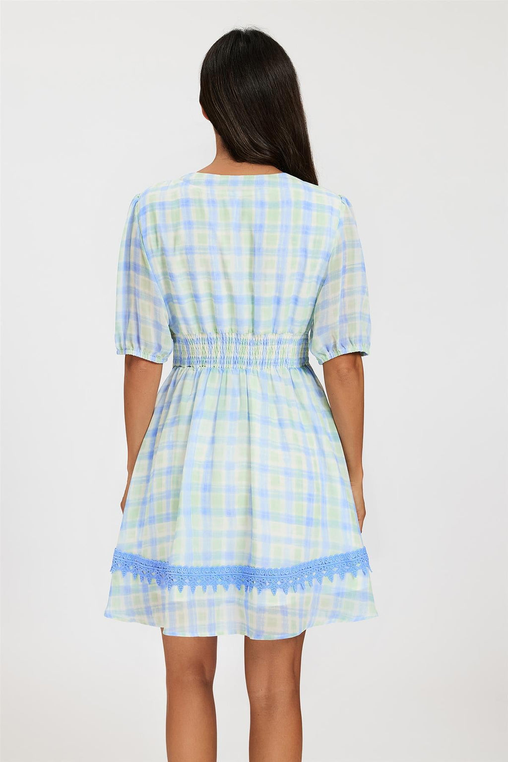 Gingham Lace Detail Mini Dress In Green