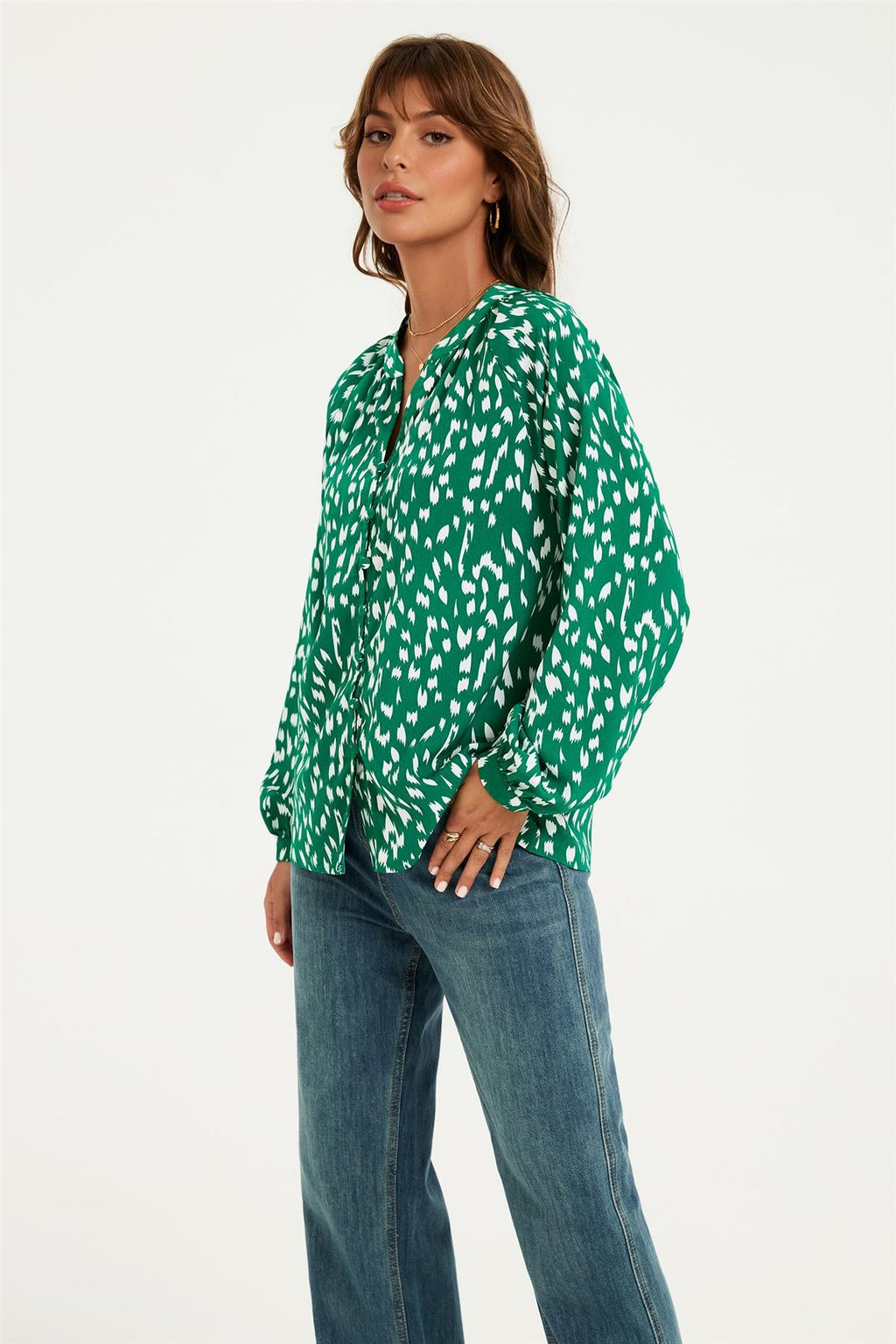 Brushstroke Print long sleeve Blouse Top In Green