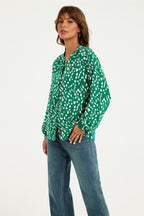 Brushstroke Print long sleeve Blouse Top In Green