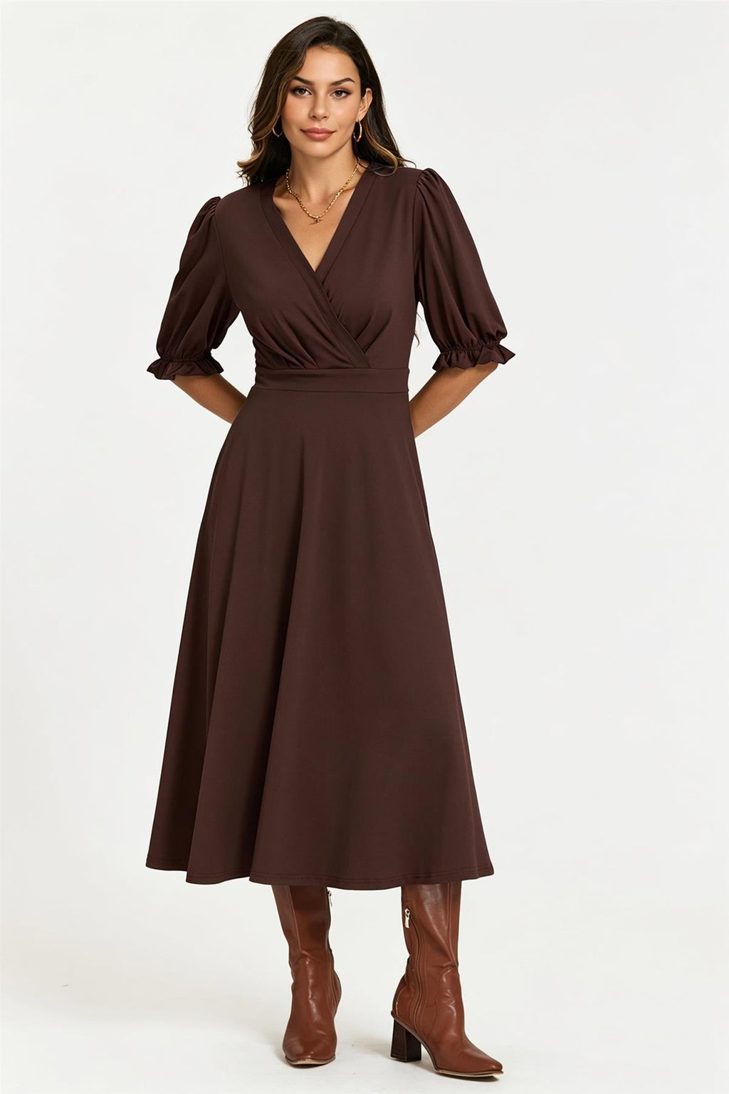 Half Sleeves Jersey Midi Dress with Wrap Neckline In Chocolate