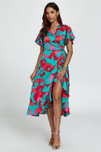 Leopard Print Angel Sleeve Wrap Midi Blue Pink