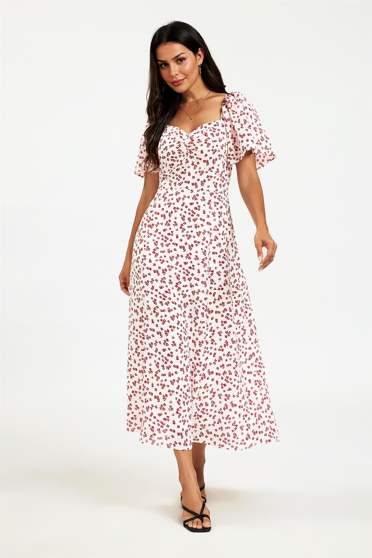 Floral Print Angel Sleeve Heart Neckline Midi Dress In White