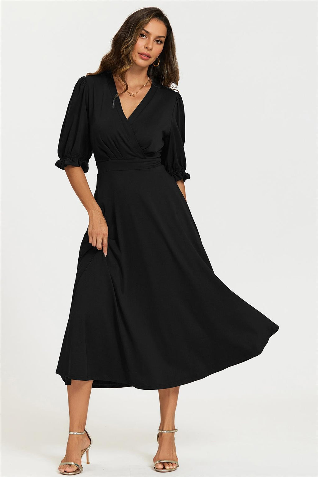 Half Sleeves Jersey Midi Dress with Wrap Neckline In Black