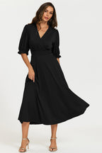 Half Sleeves Jersey Midi Dress with Wrap Neckline In Black