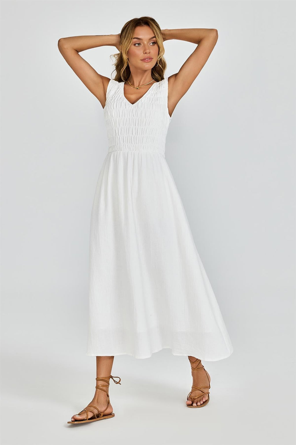 Shirred Midi Dress with Sleeveless V-Neck In White
