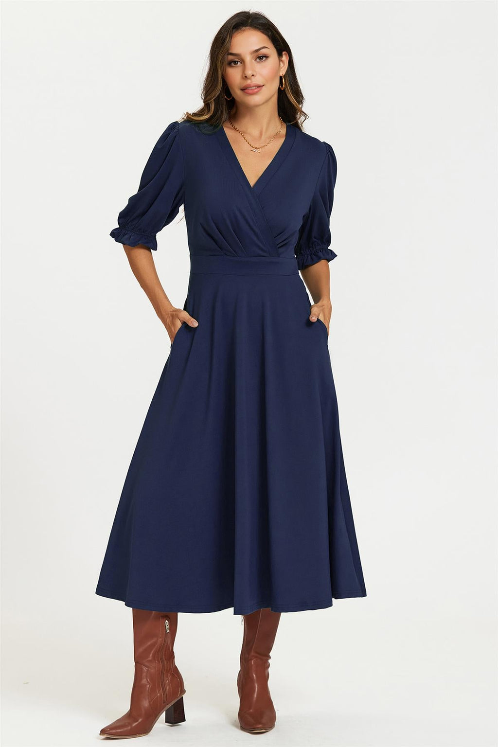 Half Sleeves Jersey Midi Dress with Wrap Neckline In Navy