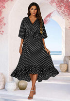Polka Dot Print Wrap Top Kimono Sleeve Maxi Dress In Black