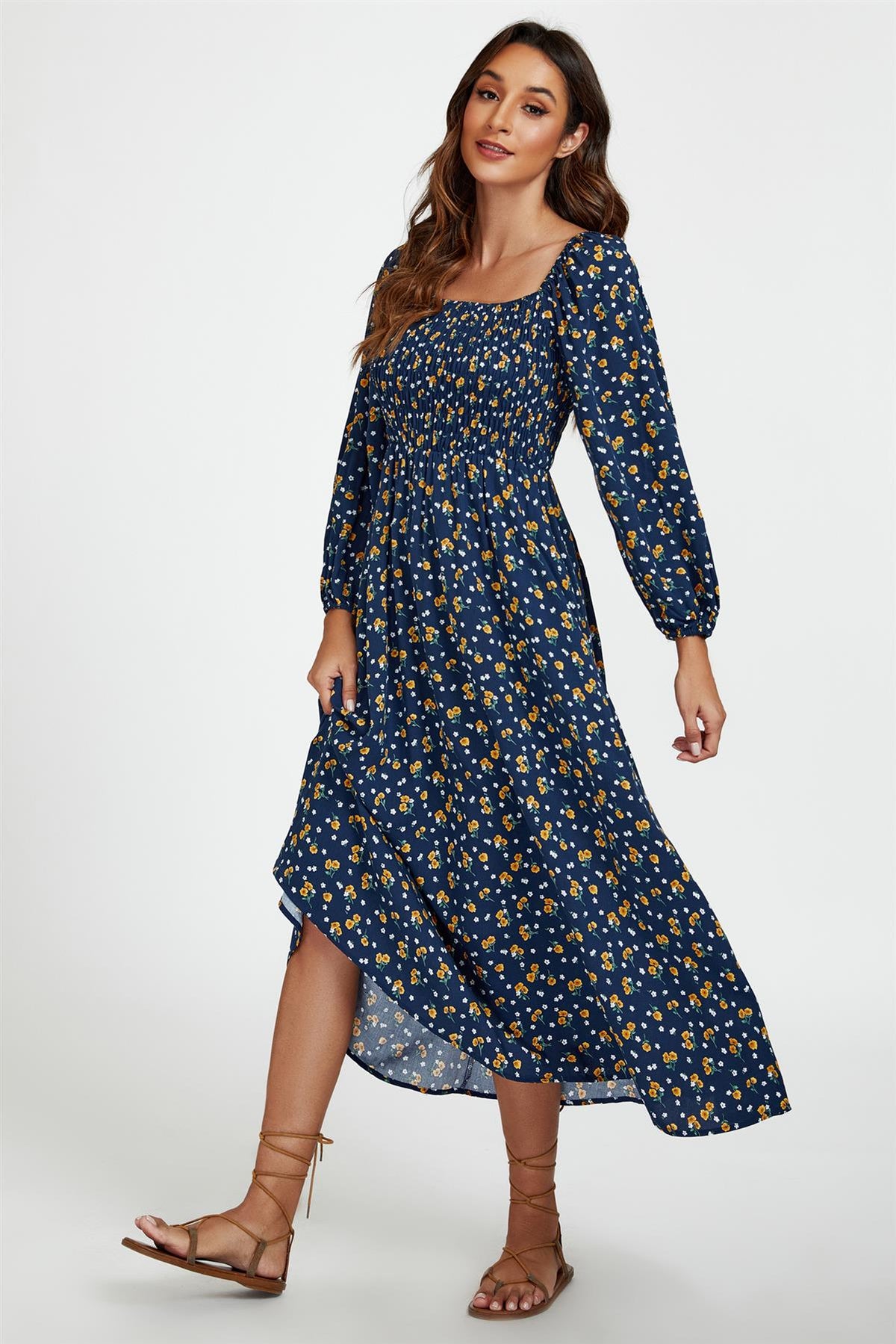Robe longue à encolure carrée et imprimé floral bleu foncé