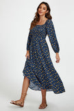 Robe longue à encolure carrée et imprimé floral bleu foncé