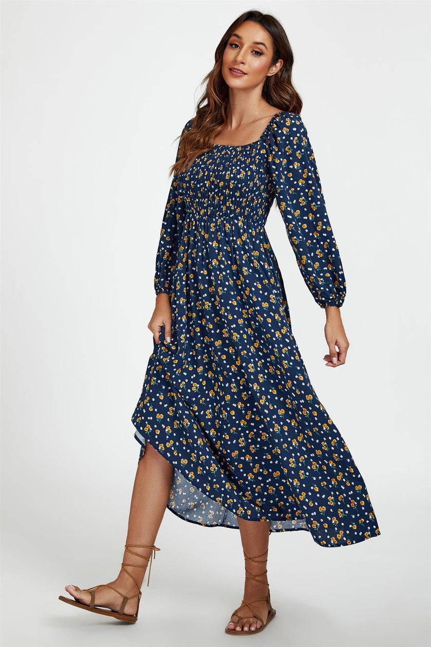 Robe longue à encolure carrée et imprimé floral bleu foncé