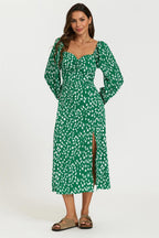 Brushstroke Print Long Sleeve Heart Neckline Midi Dress In Green