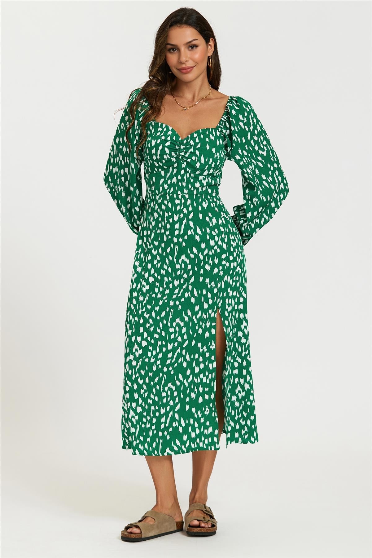 Brushstroke Print Long Sleeve Heart Neckline Midi Dress In Green