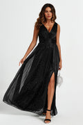 Sparkly V Neck Bridesmaid Maxi Dress In Black