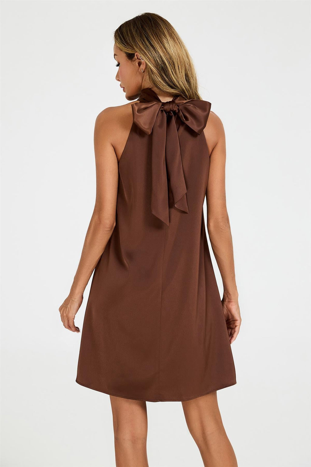 Satin Halter Neck Tie Back Mini Dress In Brown