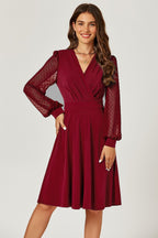 Long Sleeve Pleated Detail Midi Dress In Dark Red
