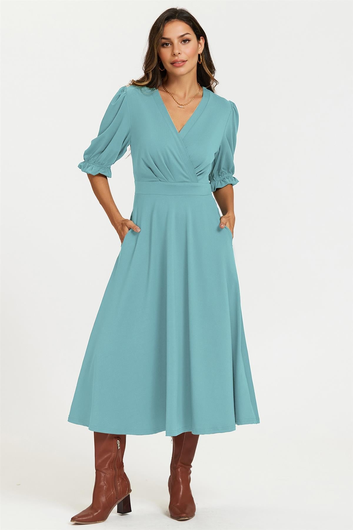 Half Sleeves Jersey Midi Dress with Wrap Neckline In Grey Blue