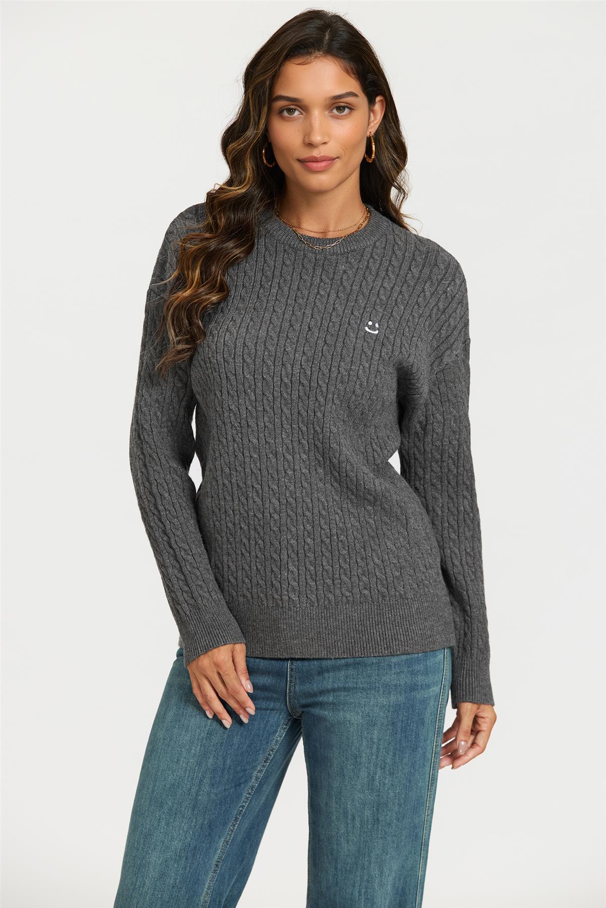 Smiley Face Embroidery Jumper Top In Dark Grey