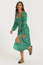 Brushstroke Print Long Sleeve Heart Neckline Midi Dress In Green